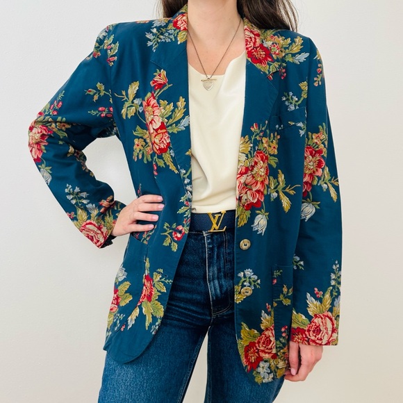 Vintage Jackets & Blazers - Vintage Liz Sport Floral Print Blazer Jacket, Oversized Long Fit Boho